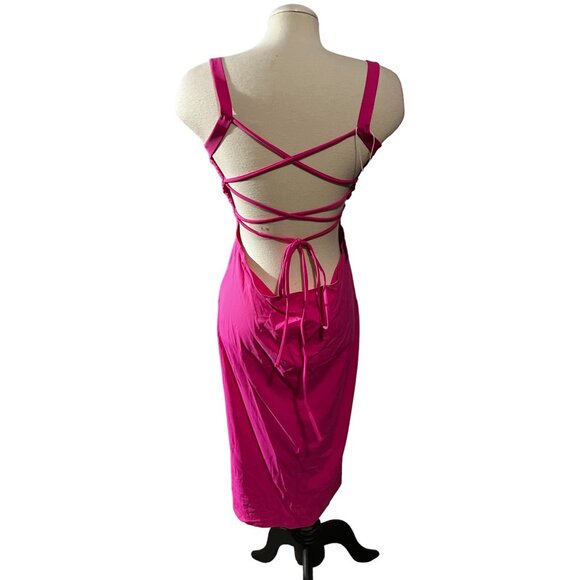 Halara Ruched Backless Crisscross Midi Dress Sz Medium Womens Pink Lace Up Split - Picture 7 of 13
